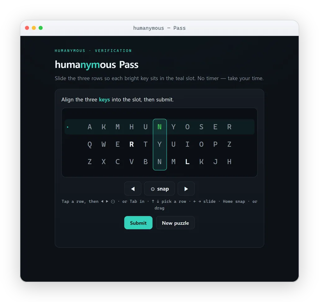 The humanymous Pass verification check: slide three rows so each highlighted key lines up in the teal slot, then submit. It works by keyboard, by screen reader, and by tapping the on-screen arrows, and has no time limit.